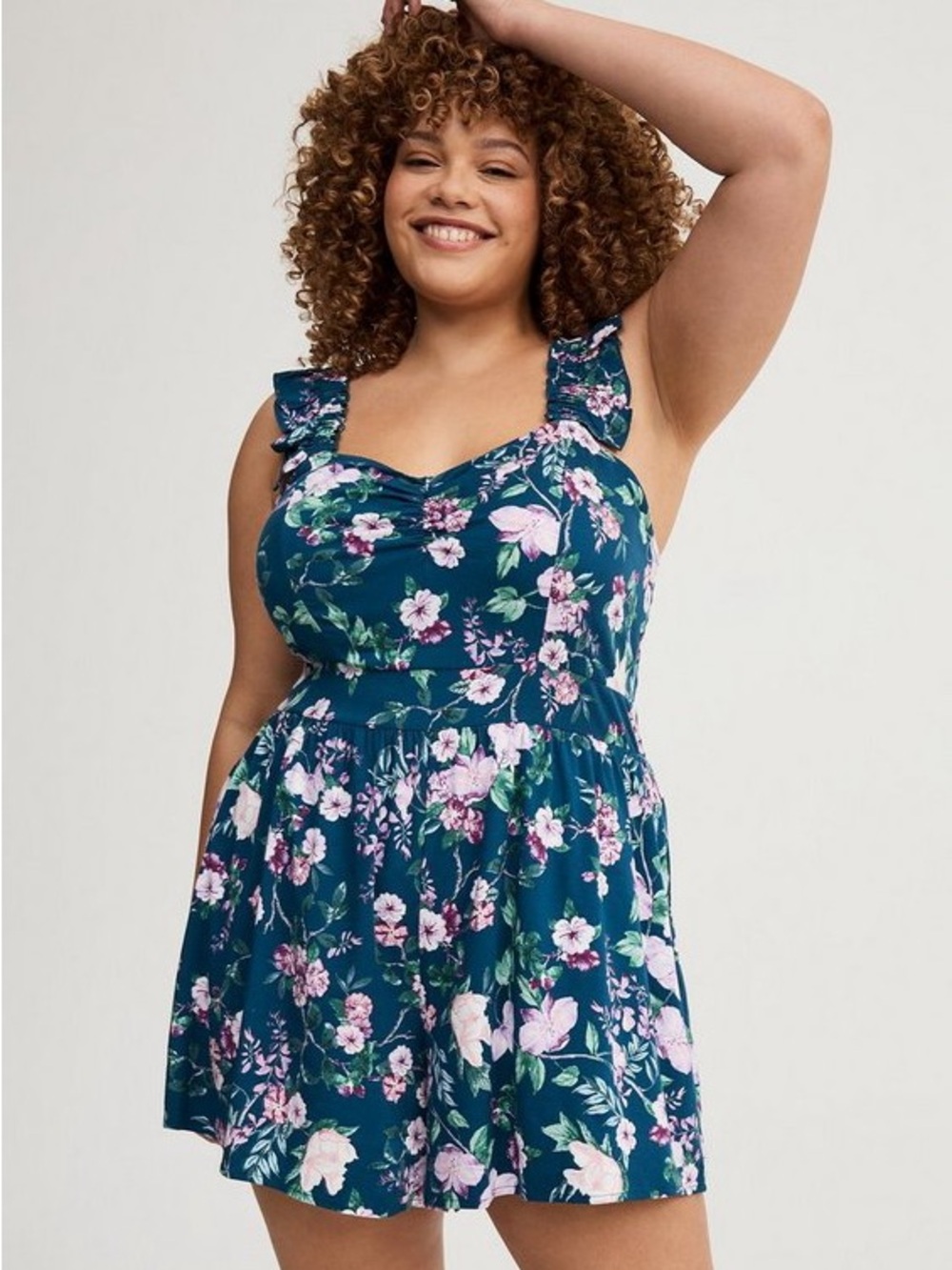 Torrid Floral Ruffle Strap Romper Teal Pink Size 4 US 26 Sweetheart Pockets